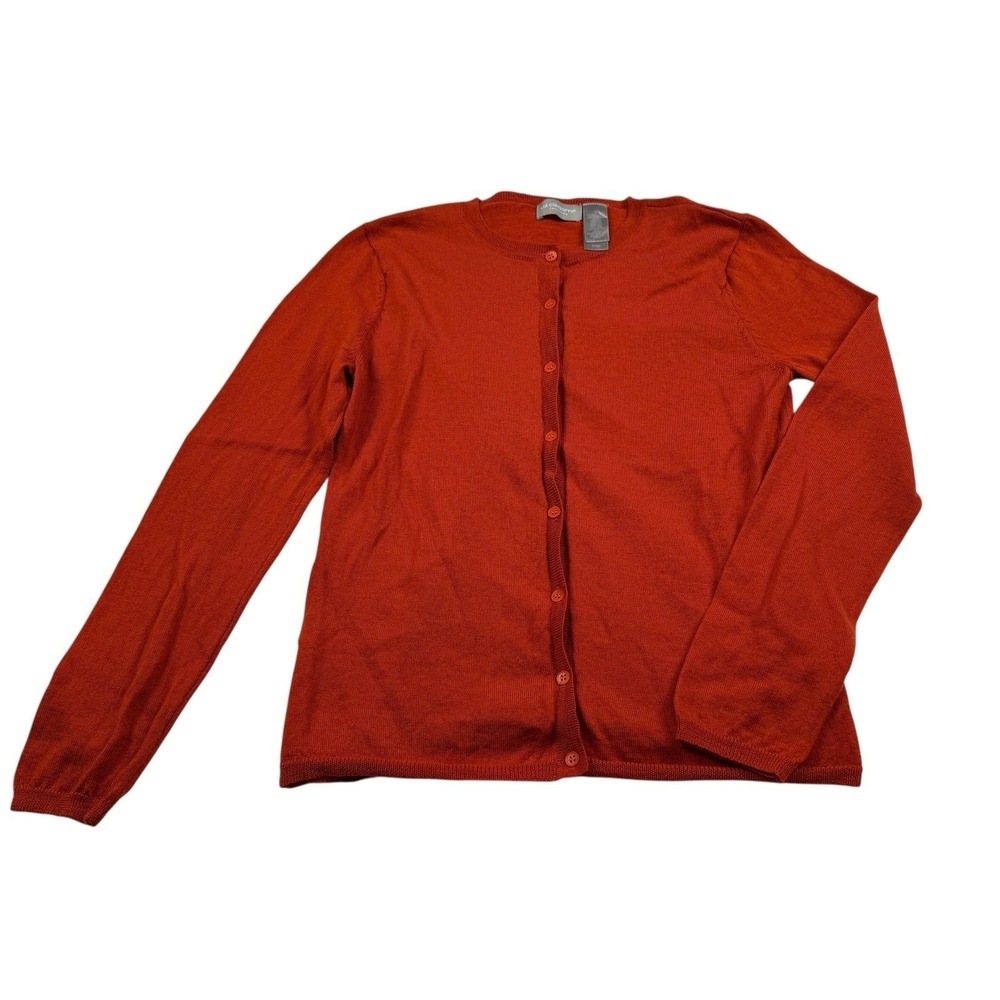 Liz Claiborne 100% Merino Wool Orange Cardigan Med Preppy Capsule Travel Classic - Picture 1 of 5